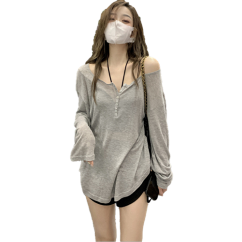 Pure lust style T-shirt for women, spring and autumn gray thin long-sleeved blouse, loose mid-length outer top