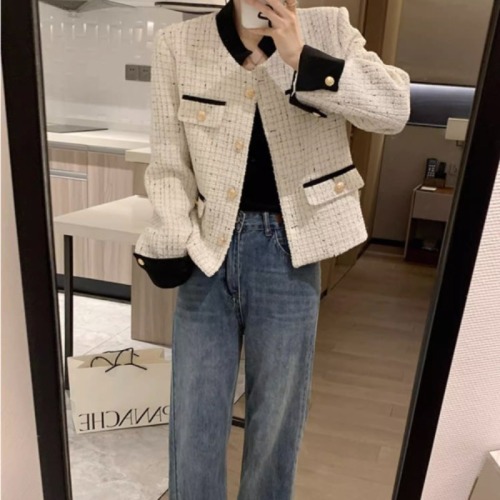 2024 new autumn and winter Korean style fashionable short coat women's patchwork contrasting shag woolen versatile cardigan top