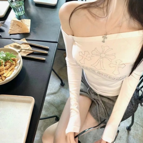 Xiaoliu customized Listen to look good in CH hot diamond design slanted shoulder bottoming long-sleeved stretch T-shirt