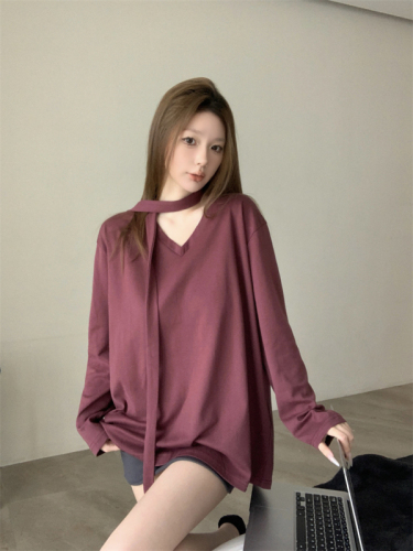 Actual shot of new autumn Korean style simple casual V-neck long-sleeved T-shirt sweatshirt loose slimming bottoming shirt top