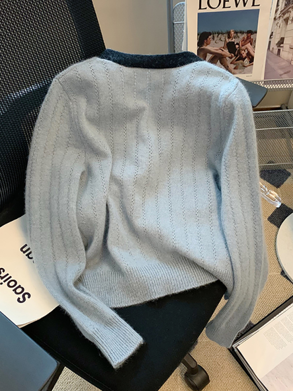 French color-blocked bow sweater cardigan for women autumn new design niche gentle and western style knitted top