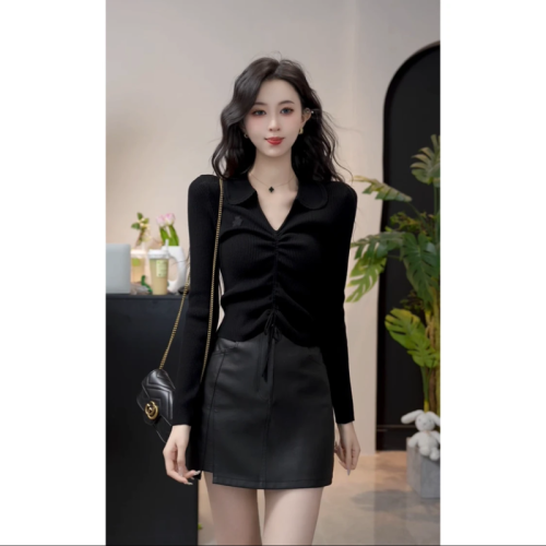 Round face sweet Long Island Iced Tea autumn small scented wind temperament V-neck drawstring slim knitting sweater for women