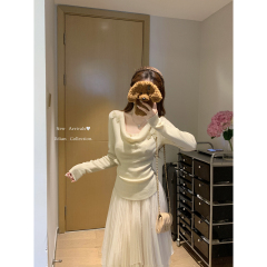 Real shot of autumn and winter Korean style pure lust temperament swing collar butterfly decoration gentle 6 wool knitted bottoming shirt top