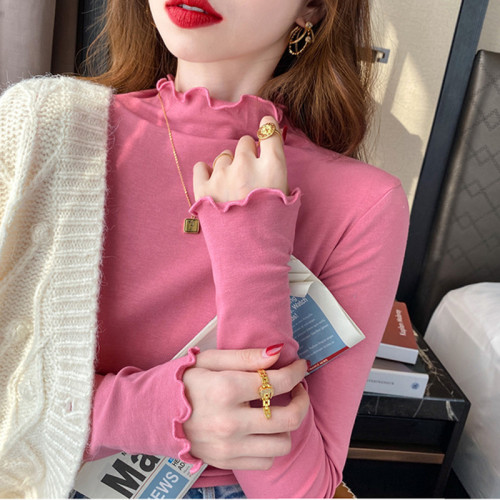 Fungus edge bottoming shirt for women in autumn and winter, new style half turtleneck, velvet and thickened, high-end long-sleeved top