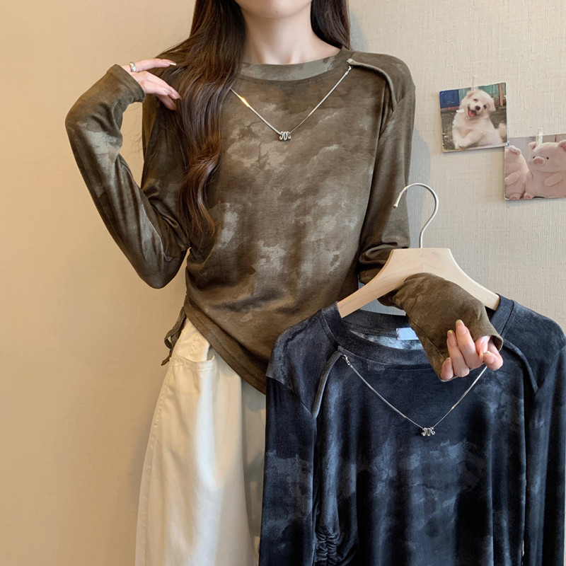 Plus size women's clothing for fat mm, western-style drawstring, irregular tie-dye tops, versatile, slimming, long-sleeved T-shirts, trendy
