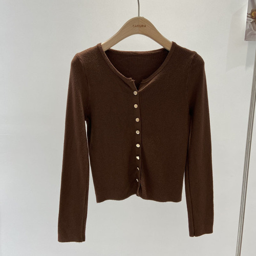 Single-Button Long-Sleeve Knitted Top Women's Autumn 2024 New Slim Fit Elegant Sweater Cardigan Base Top
