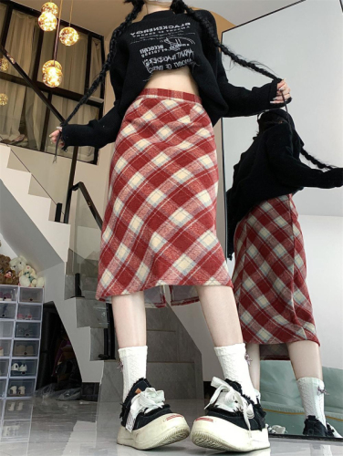 Christmas mini skirt zi/large size woolen plaid skirt women's new autumn and winter versatile hip-covering A-line skirt