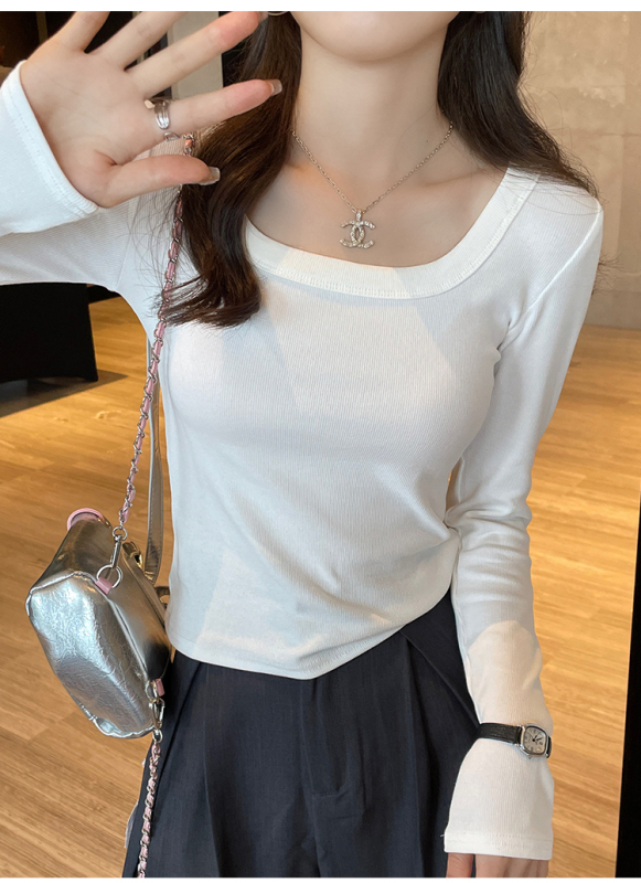 Solid color bottoming shirt for women, new style pure cotton long-sleeved T-shirt, slim-fitting, high-end and stylish square-neck top