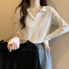 Large size polo collar long-sleeved sweater V-neck foreign style loose versatile sweater ins style top for women