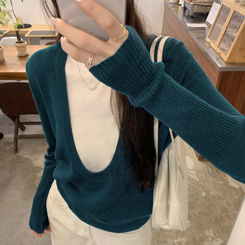 Real shot of Korean style college lazy style knitted bottoming shirt for women 2024 new fake two-piece fashionable tops