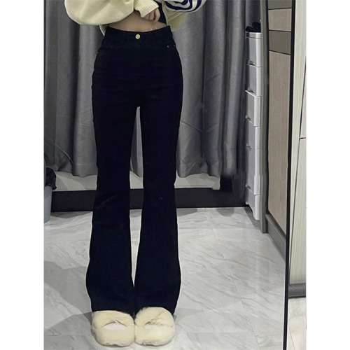 Black elastic high-waisted bootcut jeans for women in winter, plus velvet, new bell-bottom pants, pear-shaped body mm slimming trousers