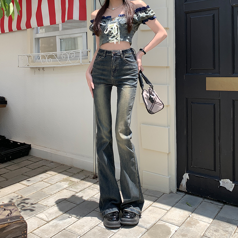 New ins design for early autumn, niche blue high-waisted slim long pants for women with slight bootcut jeans