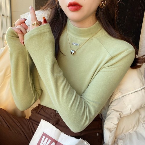 Double-sided German velvet bottoming shirt for women, autumn and winter new style half turtleneck plus velvet thickened western style white top