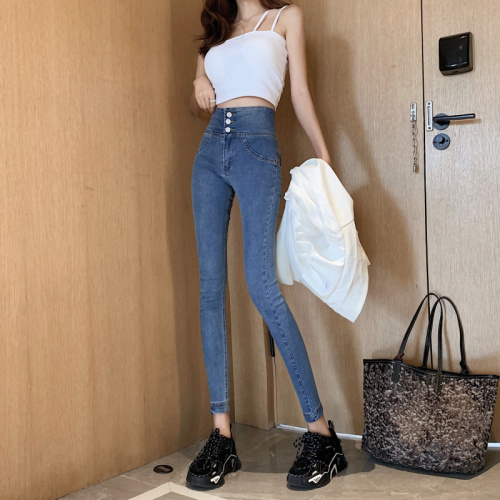 Real shot!  Hot girl fashion chic tight elastic slim high waist washed jeans nine-point pants for women