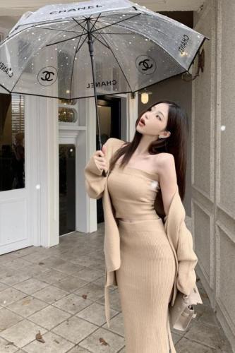 Real shot ~ Gentle temperament lace-up sweater jacket autumn and winter new tube top long skirt knitted three-piece set for women