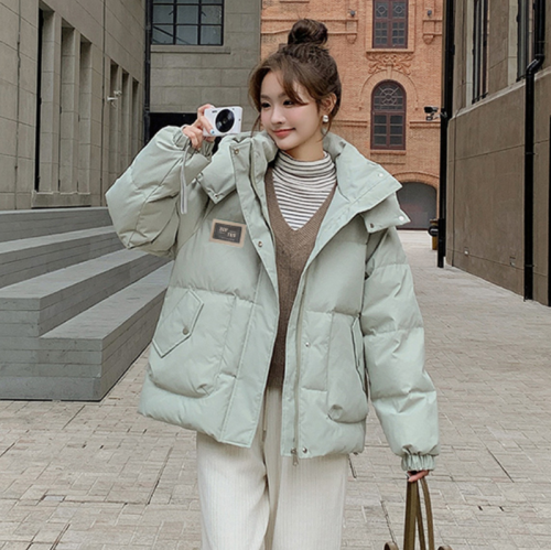 Green design down jacket for women winter 2024 new Korean style loose thickened hooded short cotton jacket trendy