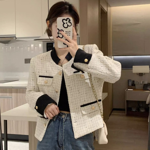 2024 new autumn and winter Korean style fashionable short coat women's patchwork contrasting shag woolen versatile cardigan top