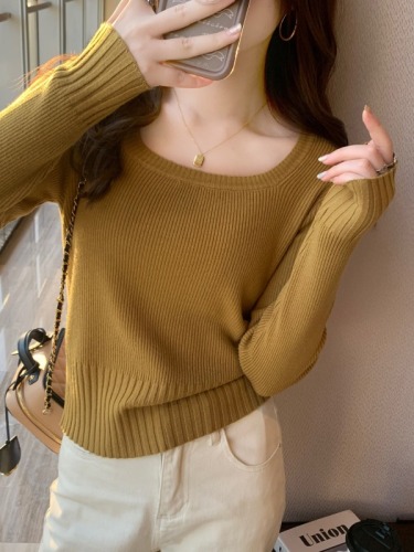 Thin knitted sweater early autumn new women's autumn top with square collar bottoming shirt short slim sweater