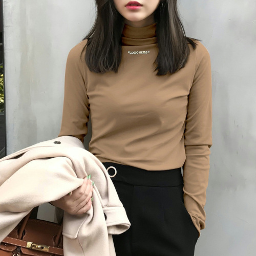 180g double grind autumn and winter half turtleneck bottoming shirt for women slim embroidered solid color long-sleeved T-shirt for students