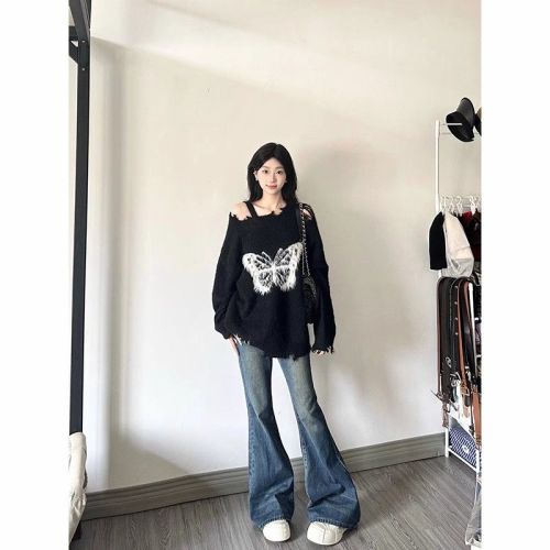 Korean style plush bow lazy style sweater for women loose autumn and winter design niche ripped sweater top trendy