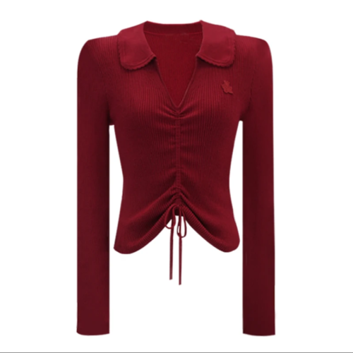 Round face sweet Long Island Iced Tea autumn small scented wind temperament V-neck drawstring slim knitting sweater for women