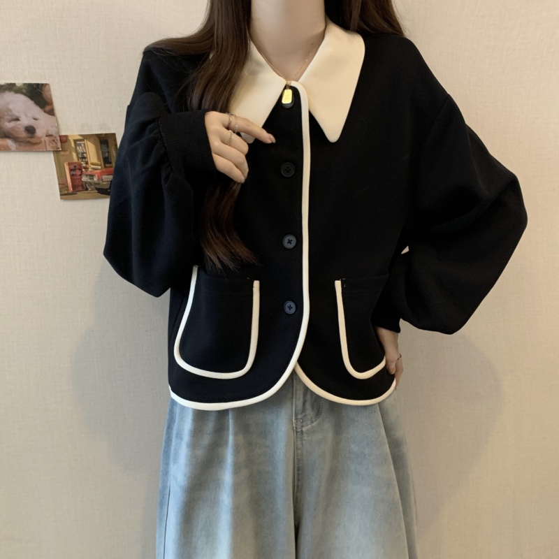 Plus size fat mm autumn new Korean style contrasting color slimming and age-reducing small fragrance style single-breasted cardigan top