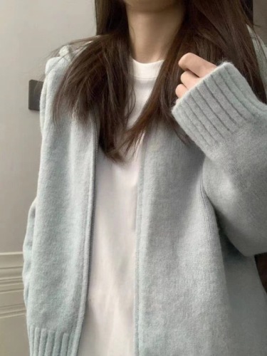 New pink hooded sweater cardigan knitted top for women autumn and winter lazy style soft waxy thickened short coat