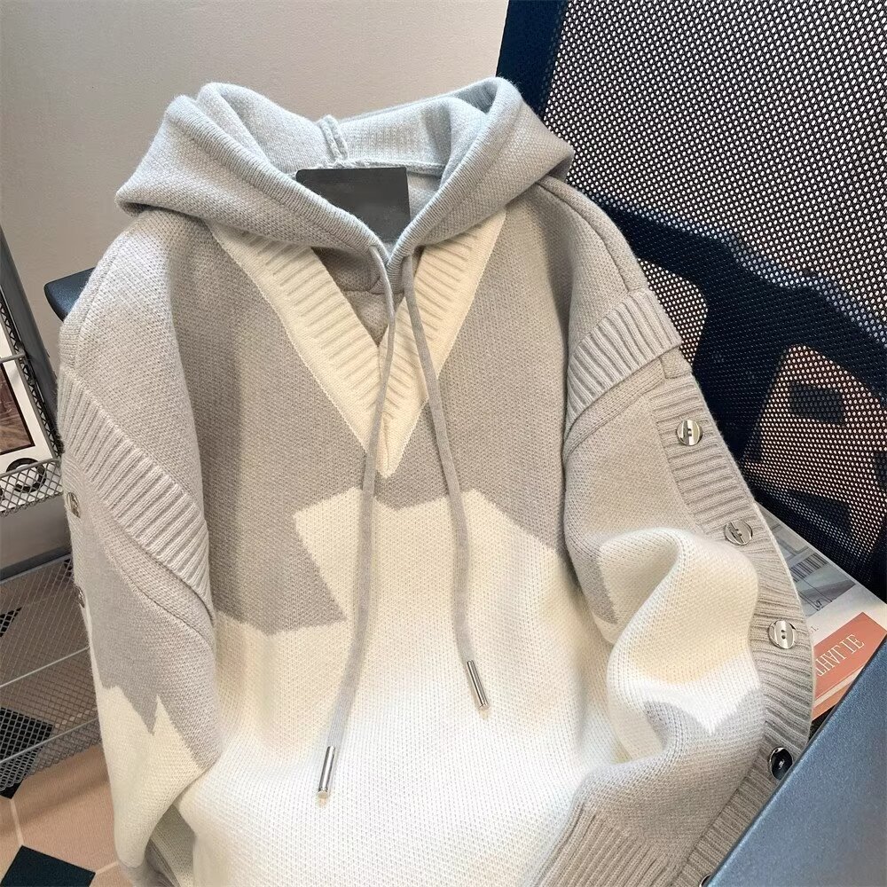 American high-end fashion brand hooded knitted sweater contrasting fake two-piece sweater large size jacket