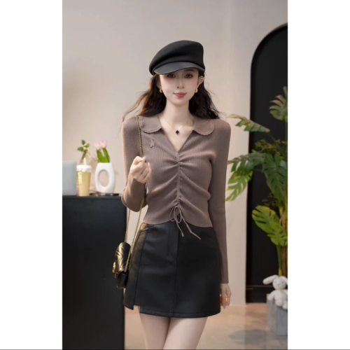 Round face sweet Long Island Iced Tea autumn small scented wind temperament V-neck drawstring slim knitting sweater for women