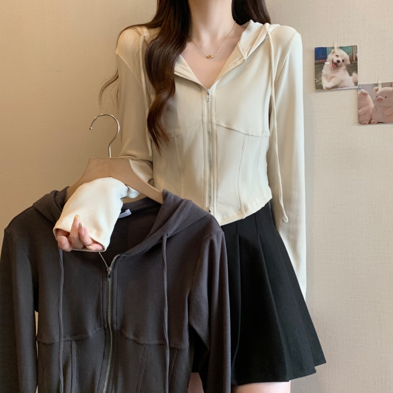 Plus size autumn new hooded long-sleeved cardigan coat women's slim slim fishbone short zipper top