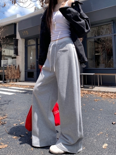 Real shot of lazy style loose wide-leg pants casual sports sweatpants high-waisted straight-leg pants for women