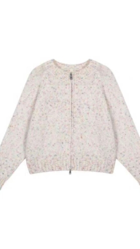 Korean style rainbow dot zipper round neck knitted sweater for women, gentle, lazy style, age-reducing, versatile cardigan jacket top