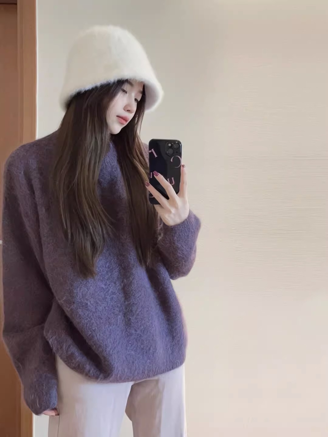 Purple Raccoon Cashmere Cardigan for Women 2024 Autumn/Winter New Arrival High-End Feel Mohair Crewneck Knit Top