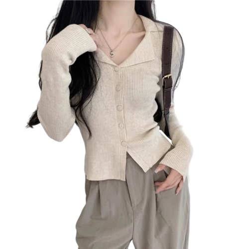 polo lapel knitted cardigan women's thin autumn new inner layering shirt slim and slim long sleeves