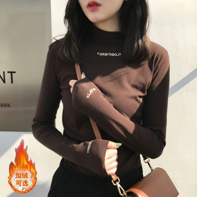 180g double grind autumn and winter half turtleneck bottoming shirt for women slim embroidered solid color long-sleeved T-shirt for students