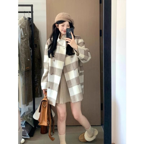 Korean winter tartan coat for women, new woolen coat, high-end, small, mid-length, loose style