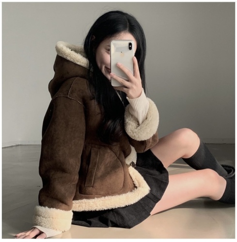 Korean all-match horn button fur all-in-one hooded jacket short thickened cotton coat