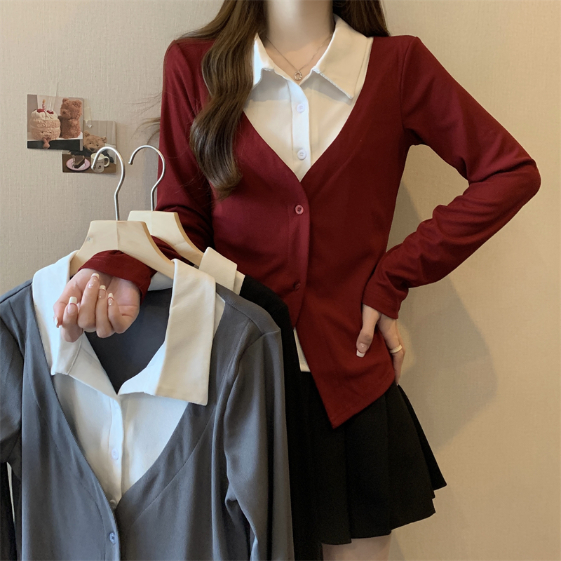 Plus size women's autumn new fashion fake two-piece design niche long-sleeved tops