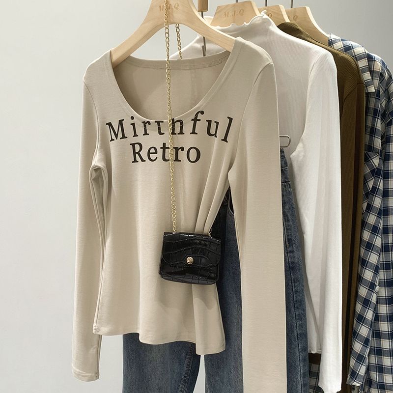 American retro hottie right-shoulder long-sleeved T-shirt for women early autumn design niche slim-fitting inner layering shirt