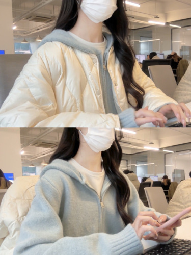 New pink hooded sweater cardigan knitted top for women autumn and winter lazy style soft waxy thickened short coat