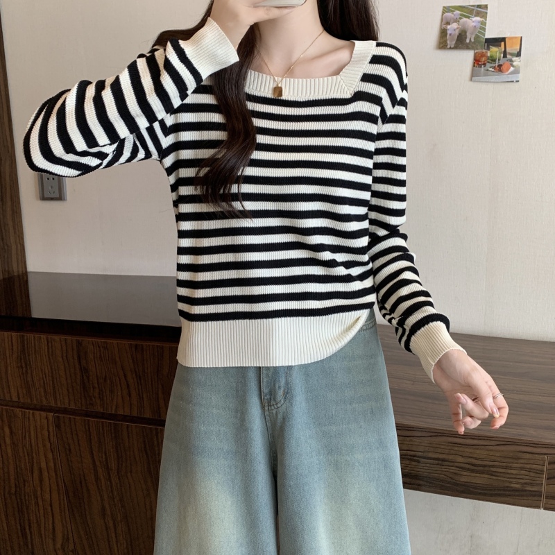 Autumn and winter large size square collar right shoulder striped versatile simple knitted long-sleeved sweater for obese girls to cover their flesh and make them look slimmer