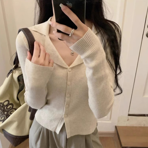 polo lapel knitted cardigan women's thin autumn new inner layering shirt slim and slim long sleeves