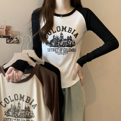 Autumn New Contrast Letter Print Student Round Neck Long Sleeve T-Shirt Women's Bottoming Shirt
