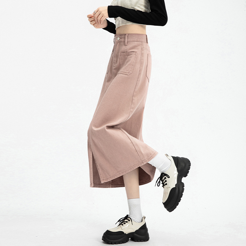 Pink high-waisted denim skirt for women 2024 new large size fat mm pear-shaped figure straight slit a-line skirt