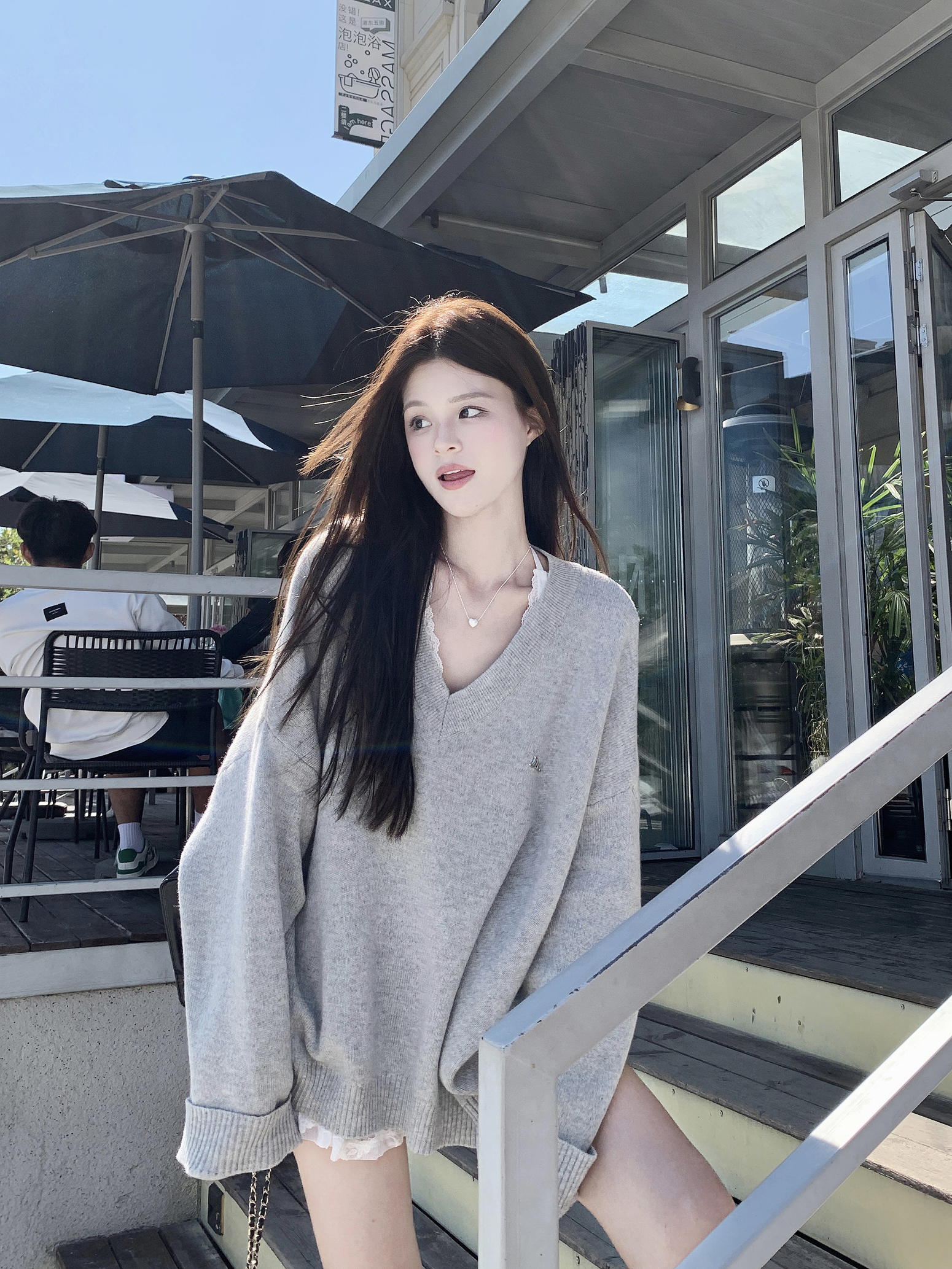 Photographed Autumn V-neck Loose Knit Sweater + Sweet and Spicy Lace Hang Collar Skirt Base Layer Set