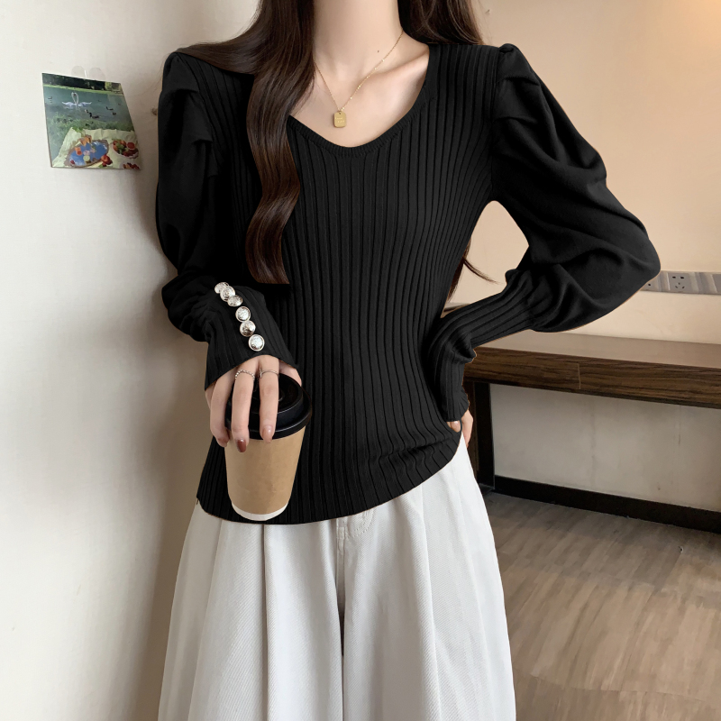 Large size autumn and winter new women's Korean puff sleeve deep V-neck foreign style age-reducing knitted sweater