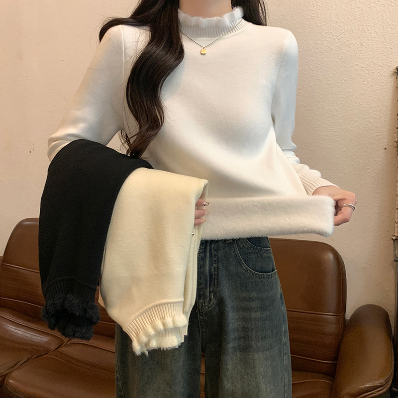 One-piece velvet long-sleeved top knitted sweater plus velvet thickening trendy bottoming shirt women's autumn and winter warm sweater