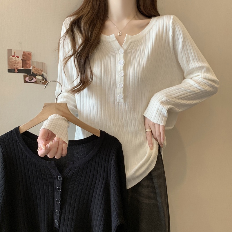 ~Fat MM Large Size Autumn and Winter Round Neck Pit Strips Right Shoulder Breasted Sweater Loose Slimming Bottoming Shirt Top