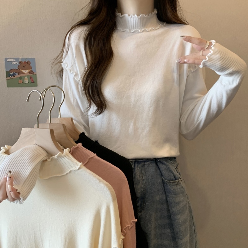 Large size white fungus hem half turtleneck knitted bottoming shirt for women in autumn and winter with long-sleeved tops and sweaters