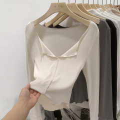 Pure desire ear-edge v-neck long-sleeved T-shirt for women autumn new bottoming shirt short petite top